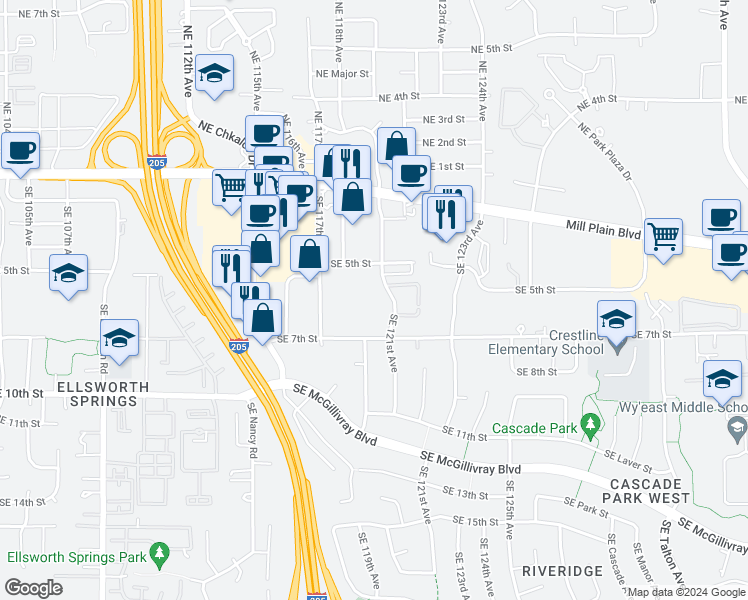 map of restaurants, bars, coffee shops, grocery stores, and more near 11900 Southeast 7th Street in Vancouver