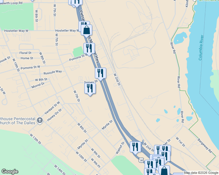 map of restaurants, bars, coffee shops, grocery stores, and more near 2630 West 2nd Street in The Dalles