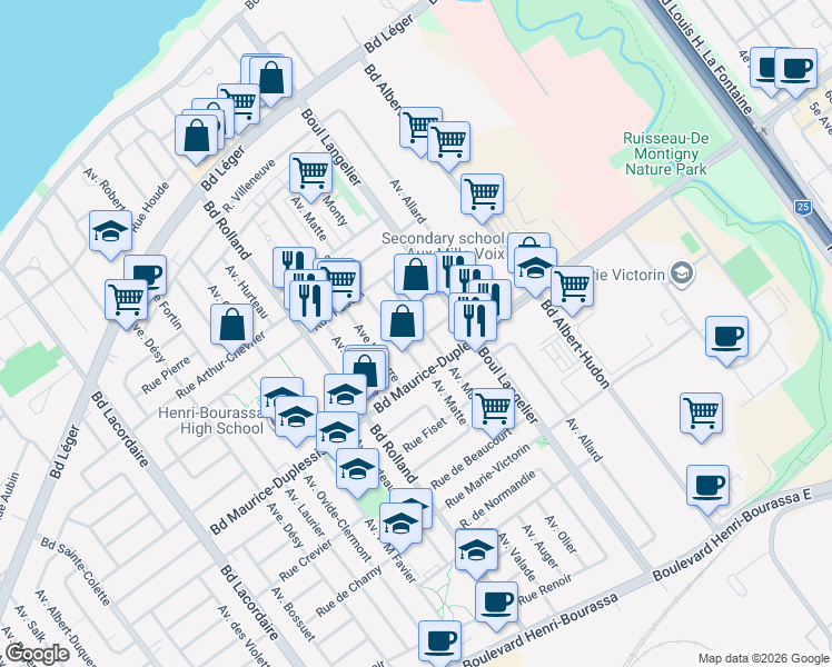 map of restaurants, bars, coffee shops, grocery stores, and more near 11966 Avenue Monty in Montréal