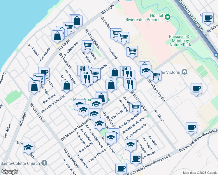 map of restaurants, bars, coffee shops, grocery stores, and more near Rue Matte in Montréal