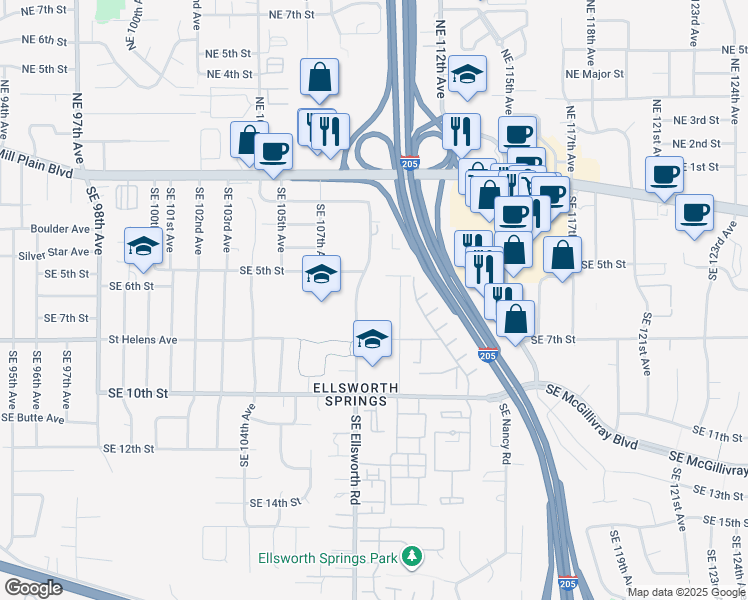 map of restaurants, bars, coffee shops, grocery stores, and more near 501 Southeast Ellsworth Road in Vancouver