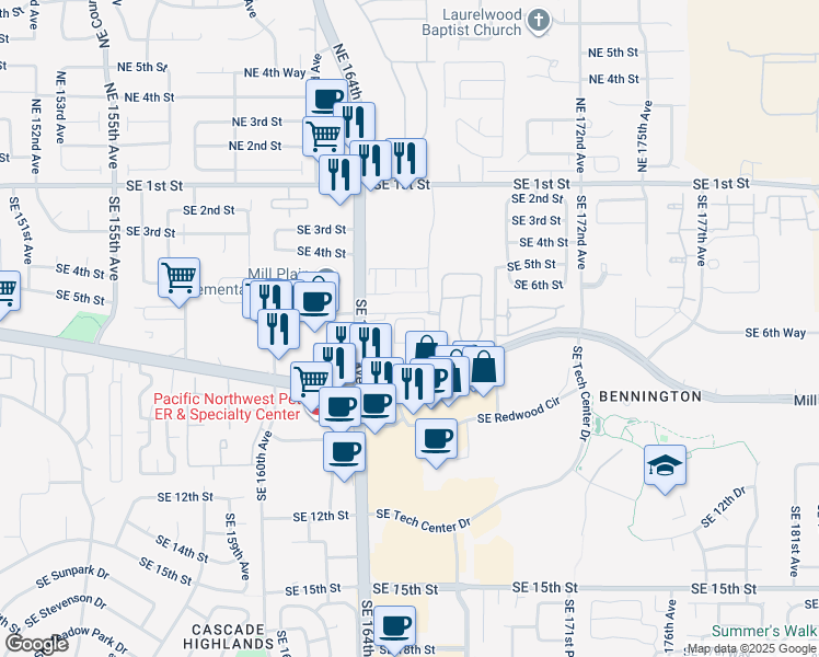 map of restaurants, bars, coffee shops, grocery stores, and more near 16520 Southeast Mill Plain Boulevard in Vancouver