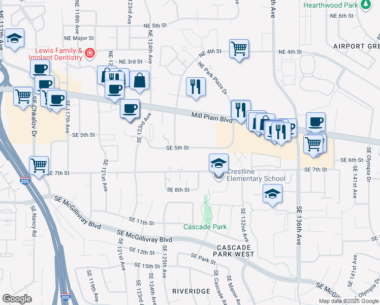 map of restaurants, bars, coffee shops, grocery stores, and more near 12420 SE 5th St in Vancouver