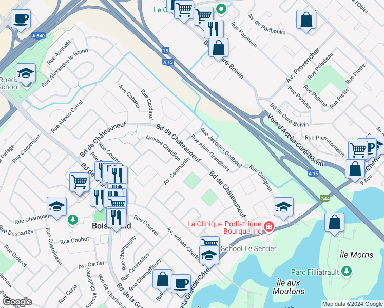 map of restaurants, bars, coffee shops, grocery stores, and more near Boulevard de Châteauneuf in Boisbriand