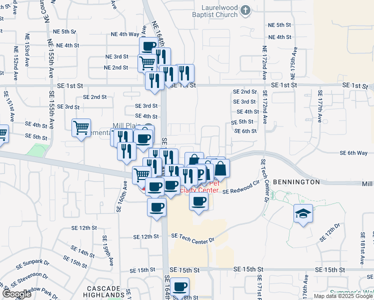 map of restaurants, bars, coffee shops, grocery stores, and more near 16520 Southeast Mill Plain Boulevard in Vancouver