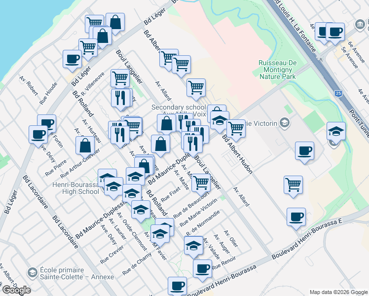 map of restaurants, bars, coffee shops, grocery stores, and more near 6501 Boulevard Maurice-Duplessis in Montréal