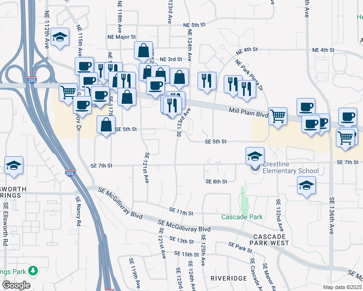 map of restaurants, bars, coffee shops, grocery stores, and more near 501 Southeast 123rd Avenue in Vancouver