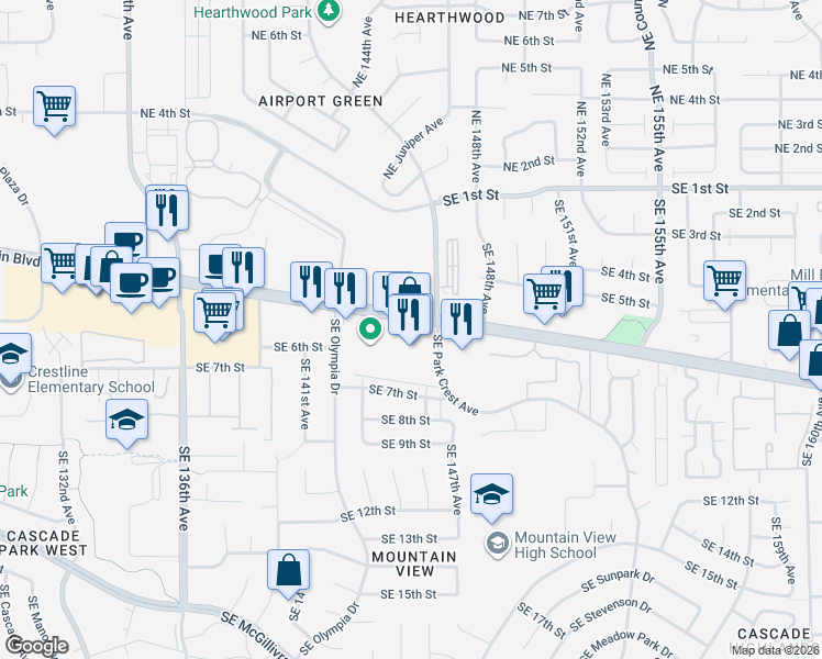 map of restaurants, bars, coffee shops, grocery stores, and more near 14415 Southeast Mill Plain Boulevard in Vancouver