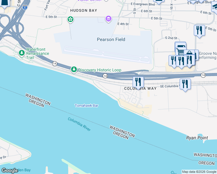 map of restaurants, bars, coffee shops, grocery stores, and more near 520 Southeast Columbia River Drive in Vancouver
