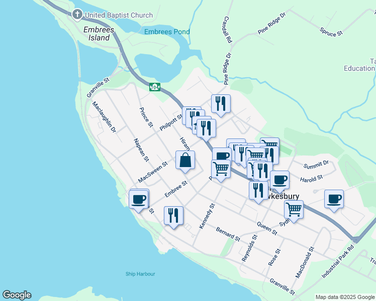 map of restaurants, bars, coffee shops, grocery stores, and more near 216 MacSween Street in Port Hawkesbury