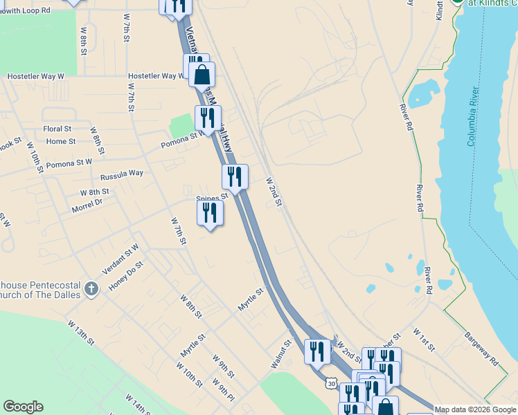 map of restaurants, bars, coffee shops, grocery stores, and more near 2630 West 2nd Street in The Dalles