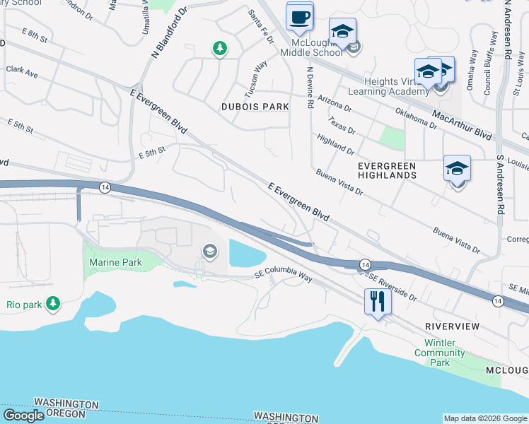 map of restaurants, bars, coffee shops, grocery stores, and more near 5555 East Evergreen Boulevard in Vancouver