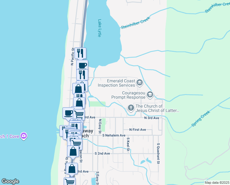 map of restaurants, bars, coffee shops, grocery stores, and more near 566 Northwest 6th Avenue in Rockaway Beach