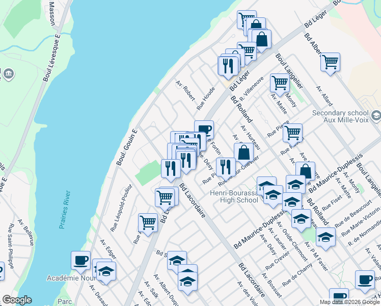 map of restaurants, bars, coffee shops, grocery stores, and more near 5872 Boulevard Léger in Montréal