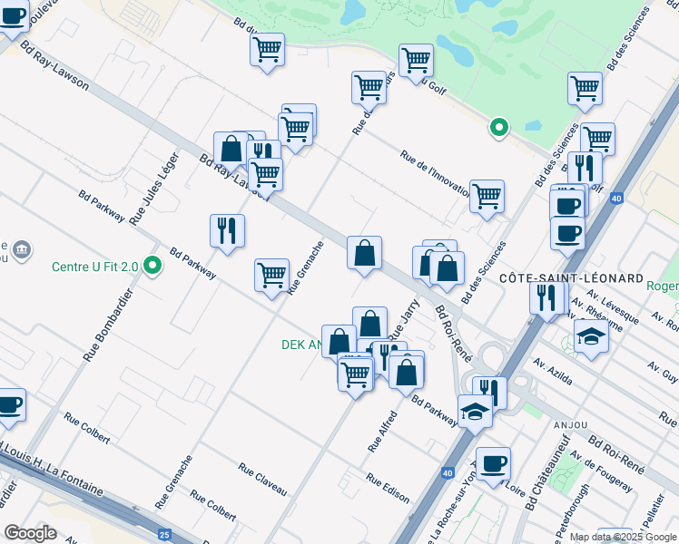 map of restaurants, bars, coffee shops, grocery stores, and more near 9300 Boulevard Ray-Lawson in Montréal