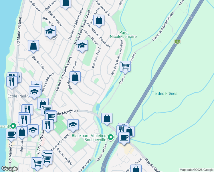 map of restaurants, bars, coffee shops, grocery stores, and more near 778 Rue de la Rivière-aux-Pins in Boucherville