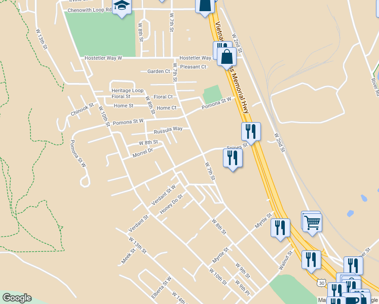 map of restaurants, bars, coffee shops, grocery stores, and more near 2830 West 7th Street in The Dalles