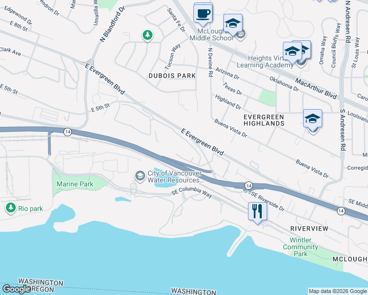 map of restaurants, bars, coffee shops, grocery stores, and more near 5555 East Evergreen Boulevard in Vancouver