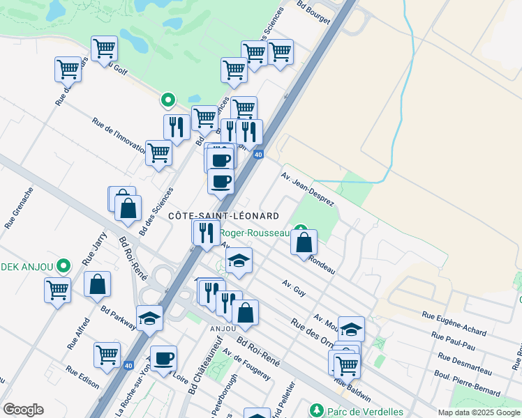 map of restaurants, bars, coffee shops, grocery stores, and more near 9181 Avenue Émile Legault in Montreal