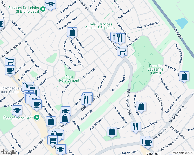 map of restaurants, bars, coffee shops, grocery stores, and more near 2226 Rue d'Oslo in Laval