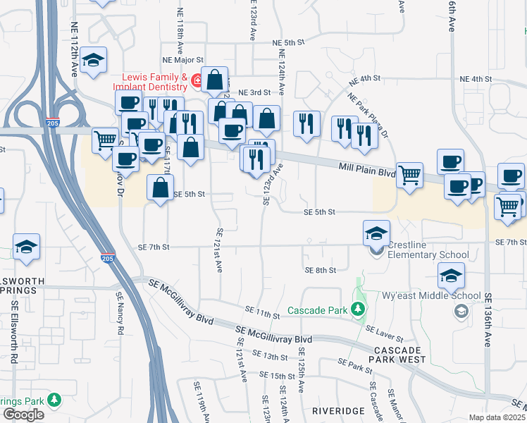map of restaurants, bars, coffee shops, grocery stores, and more near 501 Southeast 123rd Avenue in Vancouver