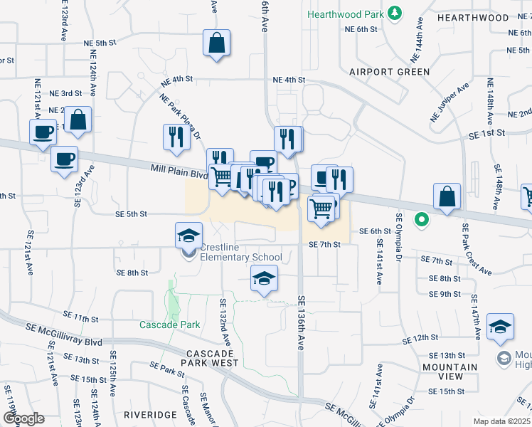 map of restaurants, bars, coffee shops, grocery stores, and more near 13503 Southeast Mill Plain Boulevard in Vancouver