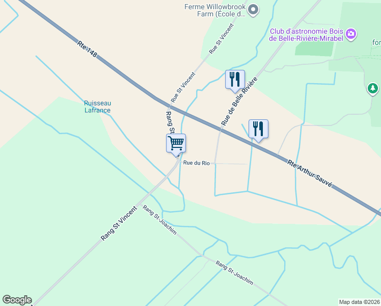 map of restaurants, bars, coffee shops, grocery stores, and more near 7451 Rue du Rio in Mirabel