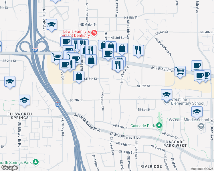 map of restaurants, bars, coffee shops, grocery stores, and more near 12005 Southeast Mill Plain Boulevard in Vancouver