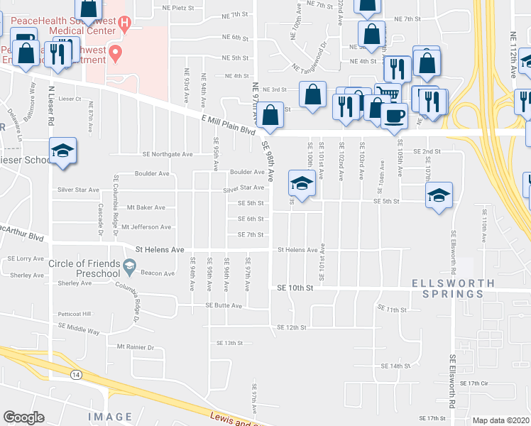 map of restaurants, bars, coffee shops, grocery stores, and more near 502 Southeast 98th Avenue in Vancouver