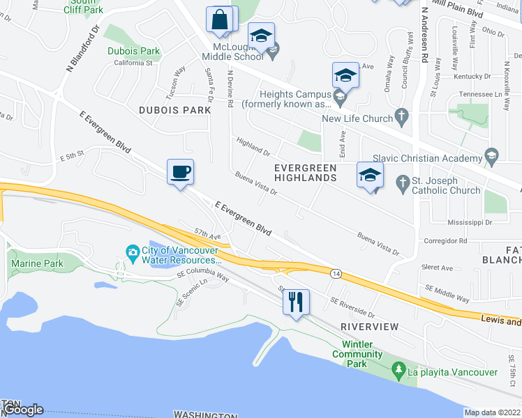 map of restaurants, bars, coffee shops, grocery stores, and more near 5727 Buena Vista Drive in Vancouver