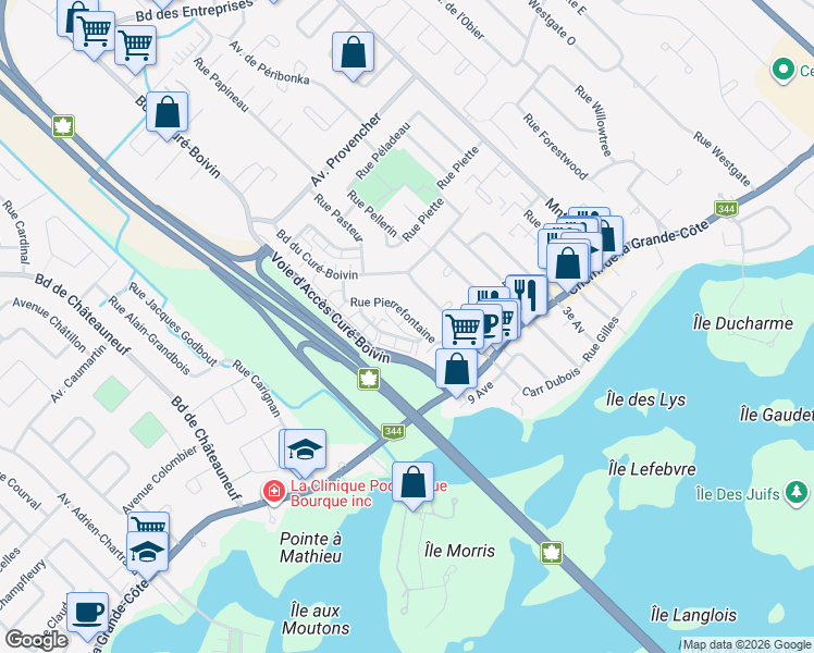 map of restaurants, bars, coffee shops, grocery stores, and more near 246 Rue de Pierrefontaine in Boisbriand
