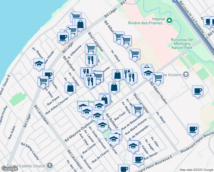 map of restaurants, bars, coffee shops, grocery stores, and more near 11978 Avenue Matte in Montréal