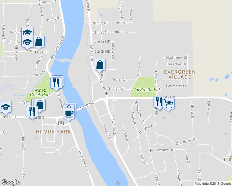 map of restaurants, bars, coffee shops, grocery stores, and more near 104 3rd Avenue Northeast in Sartell