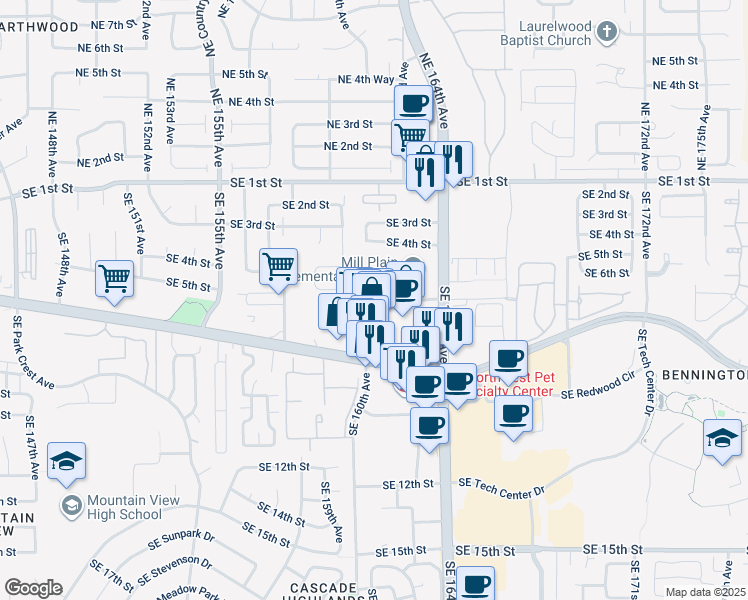 map of restaurants, bars, coffee shops, grocery stores, and more near 16200 Southeast Mill Plain Boulevard in Vancouver
