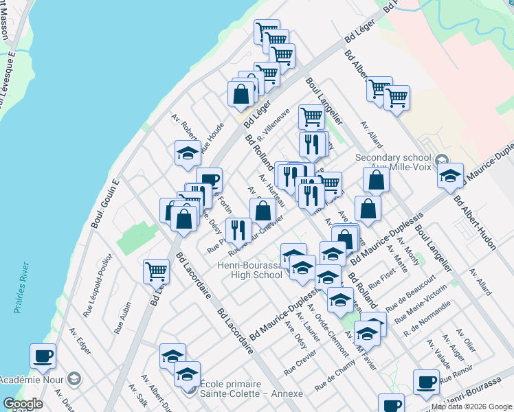 map of restaurants, bars, coffee shops, grocery stores, and more near 12322 Avenue Corbeil in Montréal