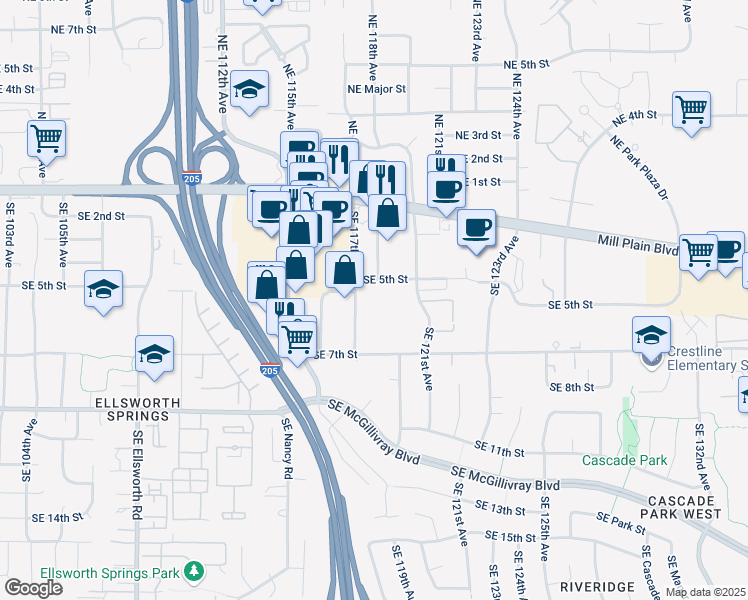 map of restaurants, bars, coffee shops, grocery stores, and more near 415 Southeast 117th Avenue in Vancouver