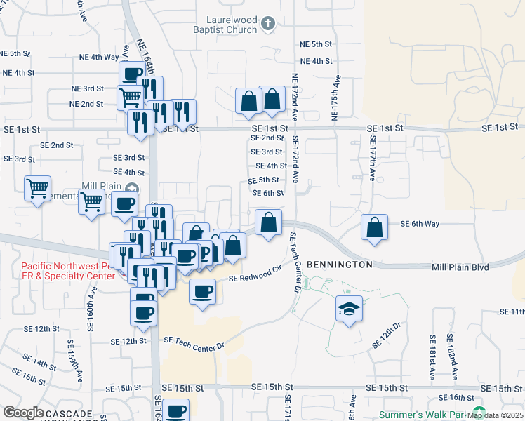 map of restaurants, bars, coffee shops, grocery stores, and more near 16915 Southeast 6th Street in Vancouver
