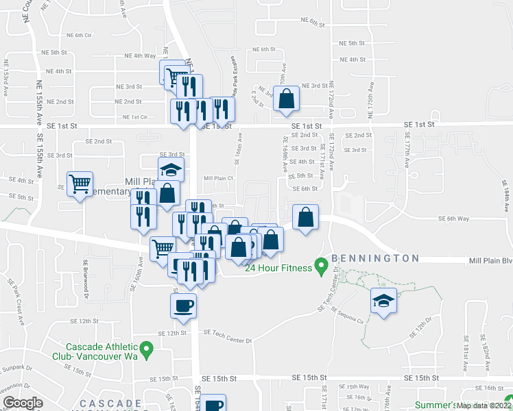 map of restaurants, bars, coffee shops, grocery stores, and more near 620 Southeast 168th Avenue in Vancouver