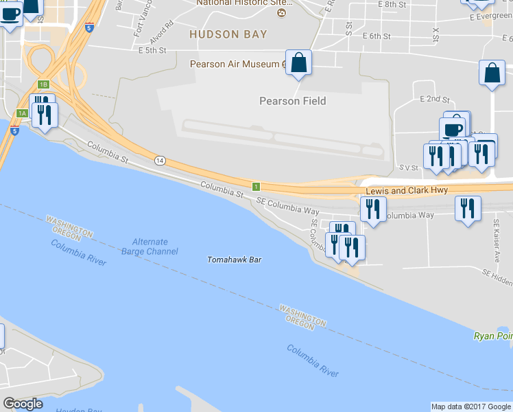 map of restaurants, bars, coffee shops, grocery stores, and more near 1405 Southeast Columbia Way in Vancouver