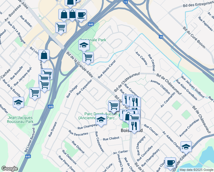 map of restaurants, bars, coffee shops, grocery stores, and more near 1450 Boulevard de la Grande Allée in Boisbriand