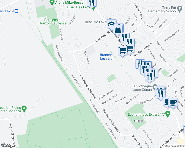 map of restaurants, bars, coffee shops, grocery stores, and more near Rue d'Amay in Laval