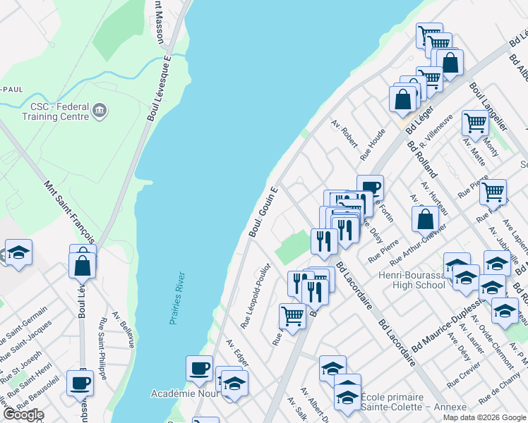 map of restaurants, bars, coffee shops, grocery stores, and more near 5600 Boulevard Gouin Est in Montréal