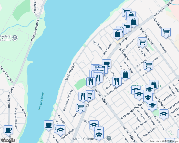 map of restaurants, bars, coffee shops, grocery stores, and more near 12606 Avenue Aimé Léonard in Montréal