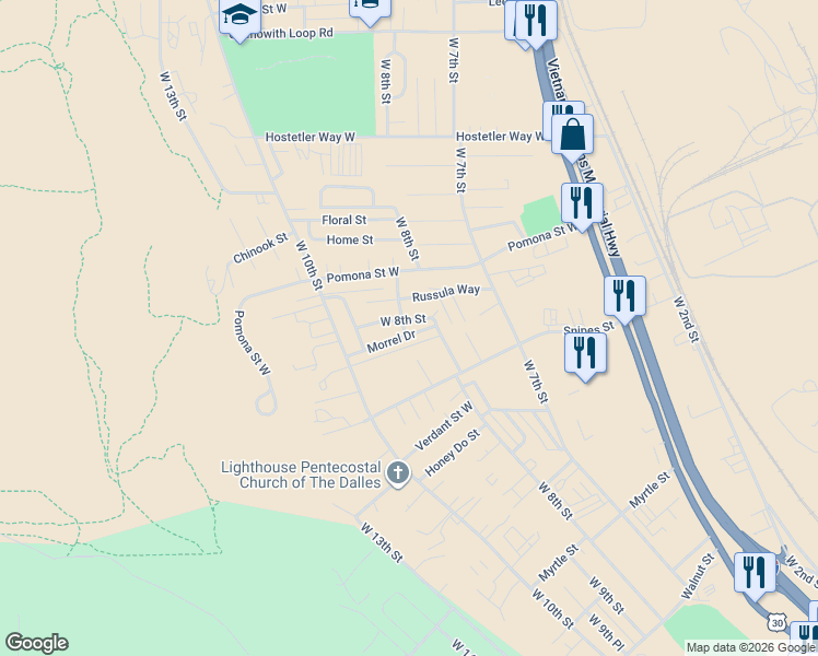 map of restaurants, bars, coffee shops, grocery stores, and more near 950 Pomona Street West in The Dalles