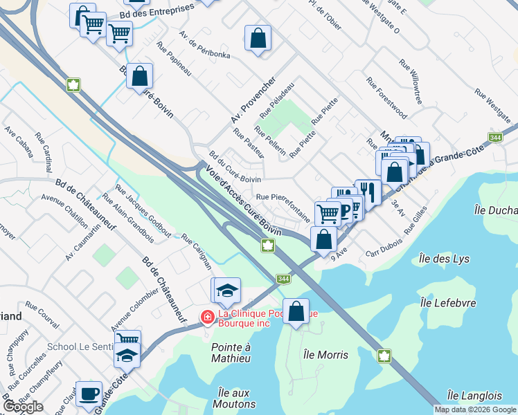 map of restaurants, bars, coffee shops, grocery stores, and more near 290 Rue Parthenais in Boisbriand