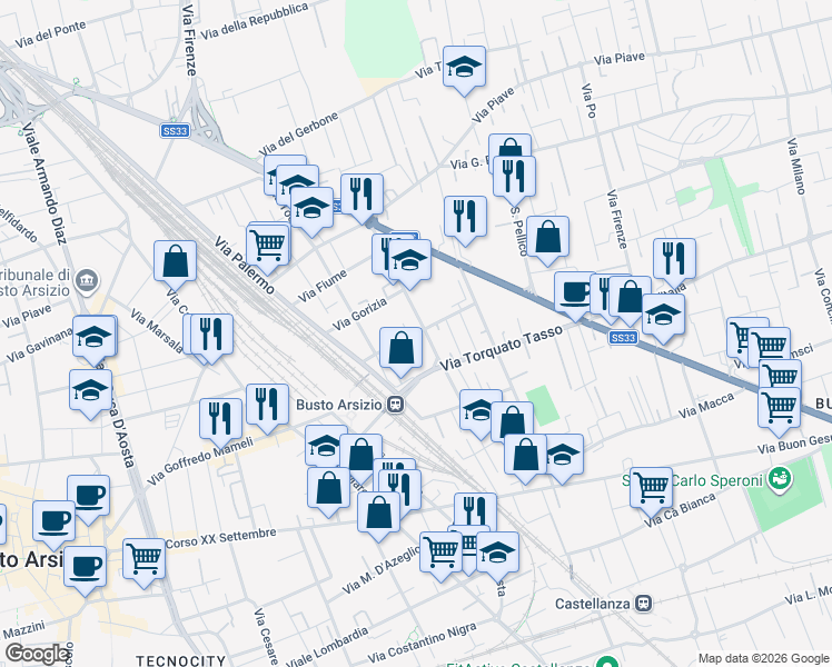 map of restaurants, bars, coffee shops, grocery stores, and more near Via Redipuglia in Busto Arsizio