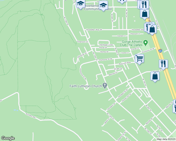 map of restaurants, bars, coffee shops, grocery stores, and more near 3012 West 10th Street in The Dalles