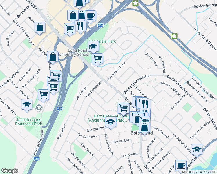 map of restaurants, bars, coffee shops, grocery stores, and more near 1527 Boulevard de la Grande-Allée in Boisbriand