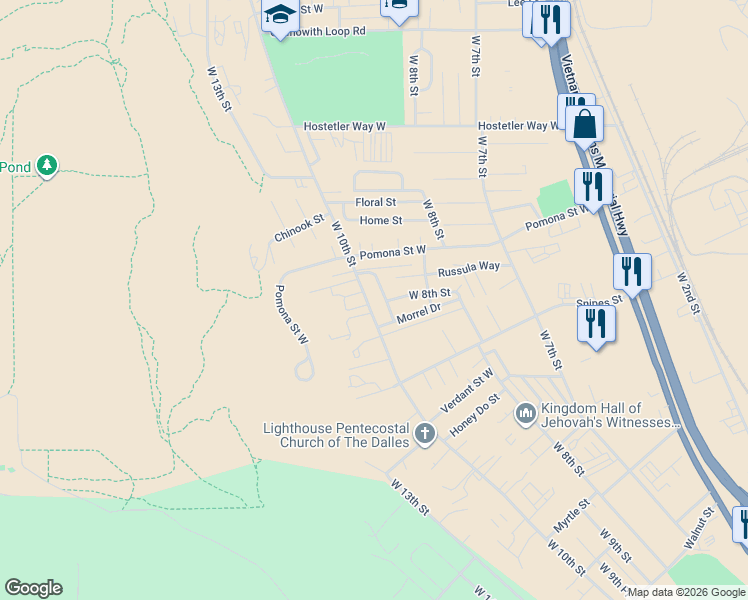 map of restaurants, bars, coffee shops, grocery stores, and more near 2957 West 10th Street in The Dalles