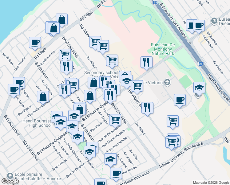 map of restaurants, bars, coffee shops, grocery stores, and more near 6745 Boulevard Maurice-Duplessis in Montrã©Al
